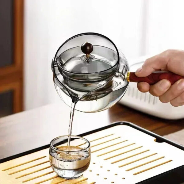 Semi-automatic Rotary Heat-resistant Glass Teapot Lazy Tea Making With Infuser And Wooden Handle Office Home Accessories Kitchen Gadgets - Image 10