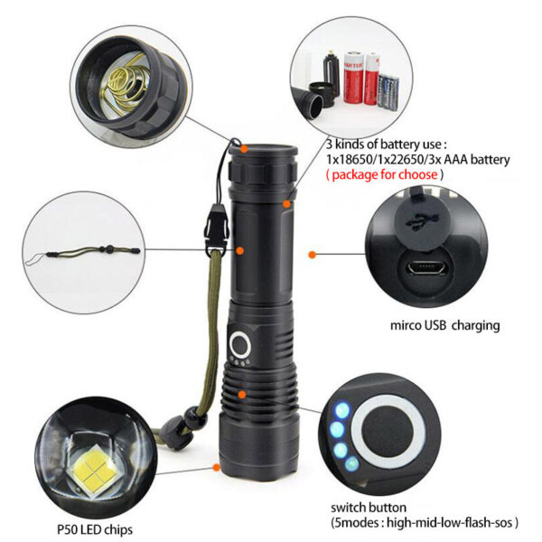 USB Charging Zoom P50 Flashlight - Image 6